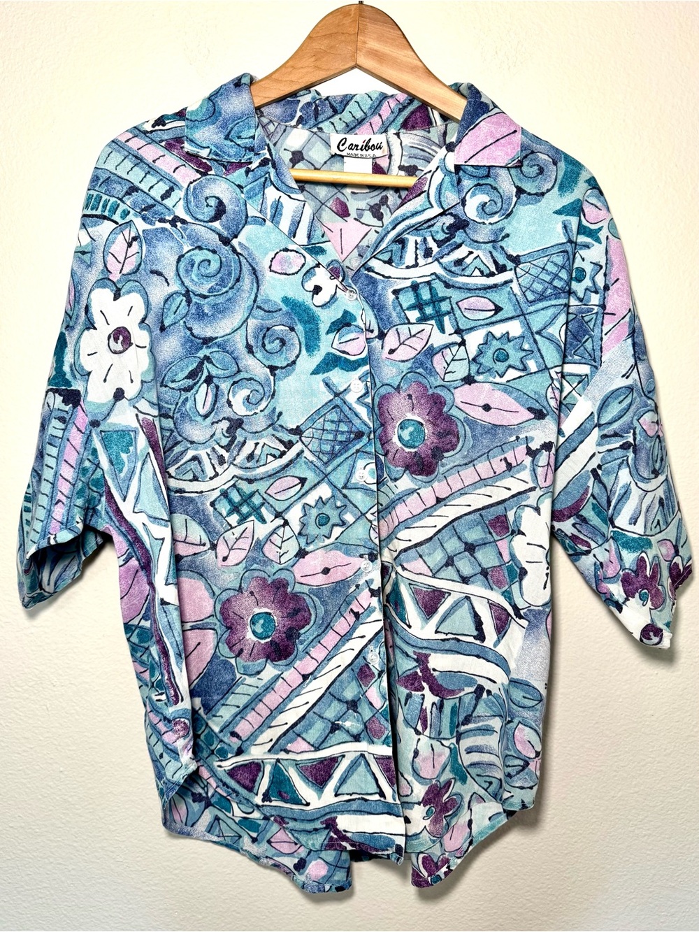 Vintage Caribou Abstract Button Up Blouse Blue Purple Pink Retro Oversized